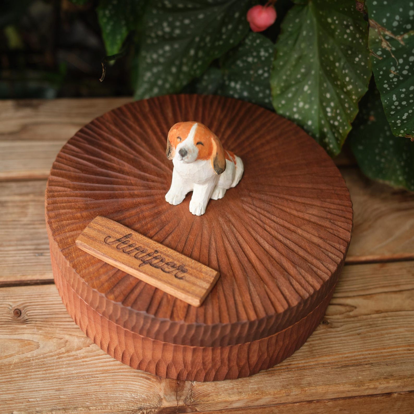 Custom Wooden Dog Urn with Cute Cartoon Dog Figurine from Photo, Handmade Pet Memorial Box, Personalised Engraved Name Keepsake