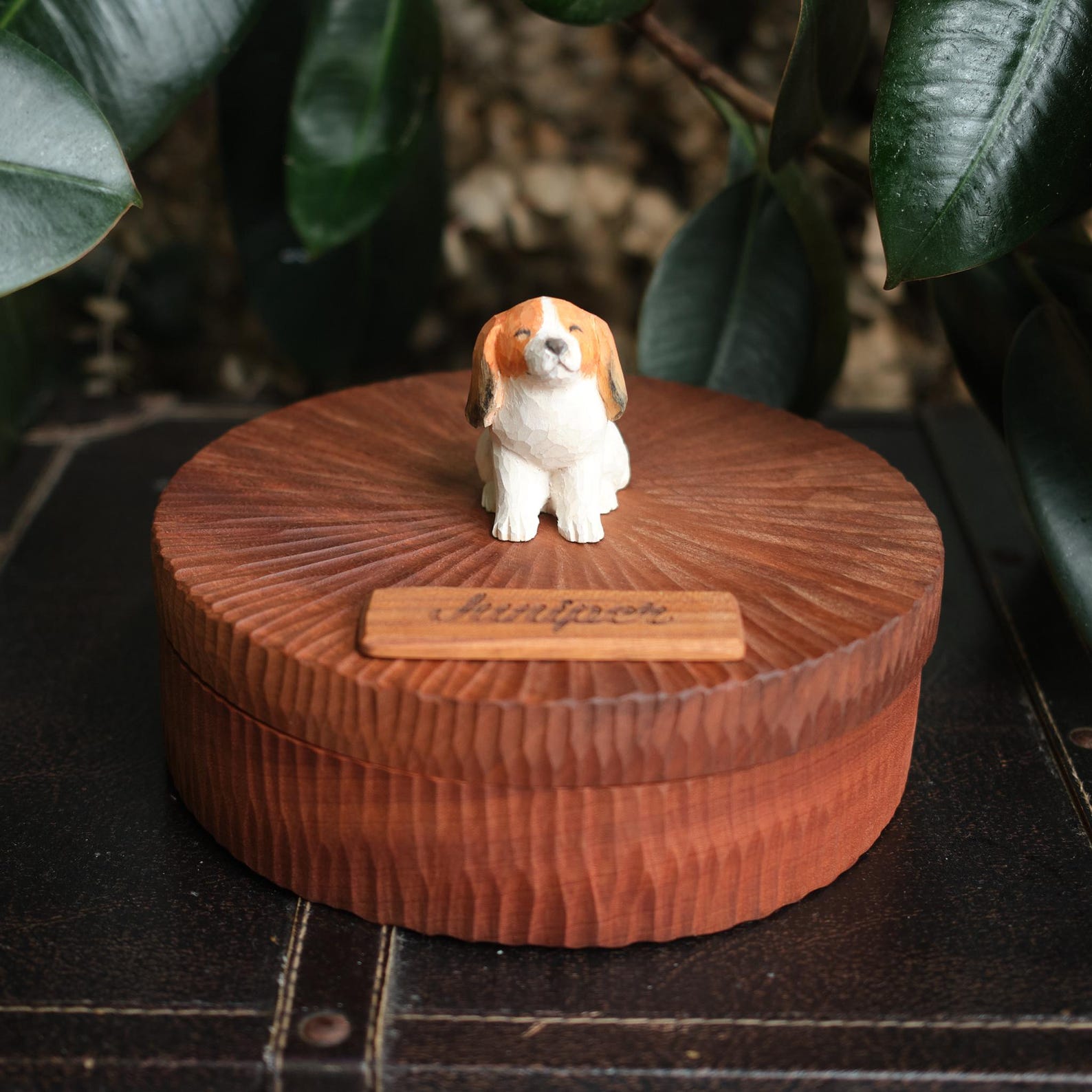 Custom Wooden Dog Urn with Cute Cartoon Dog Figurine from Photo, Handmade Pet Memorial Box, Personalised Engraved Name Keepsake