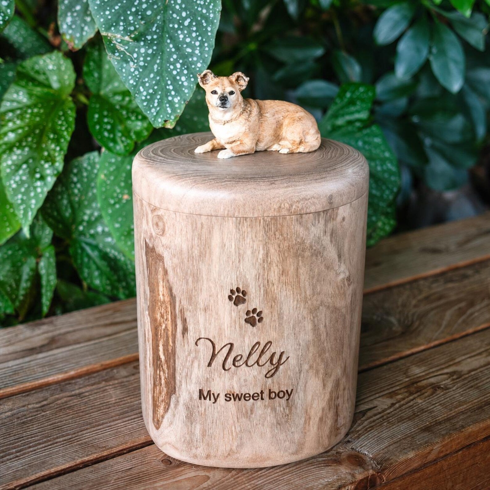 Custom Handmade Wooden Dog Urn for Ashes, Natural Solid Wood Pet Memorial Urn with Custom Pet Figurine from Photo, Eco Friendly
