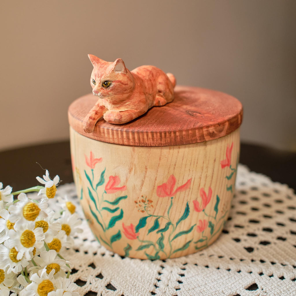Hand Carved Cat Memorial Urn, Custom Wooden Pet Ashes Box, Photo-Based Cat Figurine, Personalised Hand Painted Floral Box, Pet Loss Gift