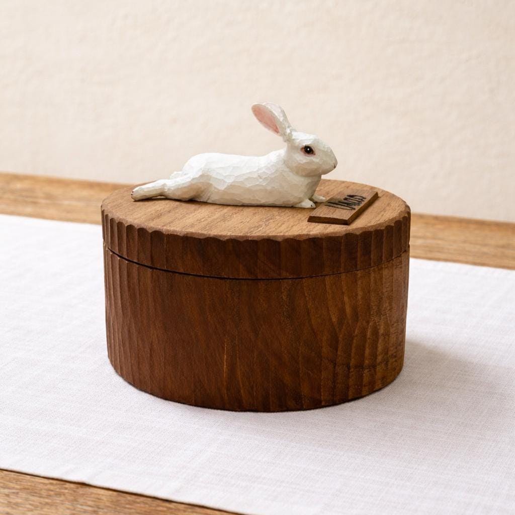 Lying Rabbit Wooden Urn, Hand Carved Bunny in Resting Pose with Laser Engraved Name, Small Handmade Pet Memorial Cremation Box, Pet Keepsake