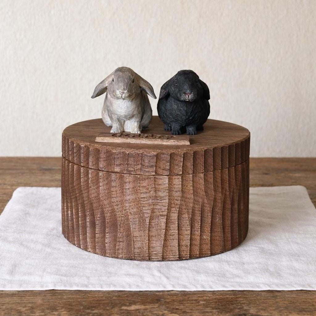 Custom Two Rabbit Memorial Urn, Handmade Realistic Bunny Ashes Box from Photo, Name Engraved Wooden Pet Cremation Keepsake