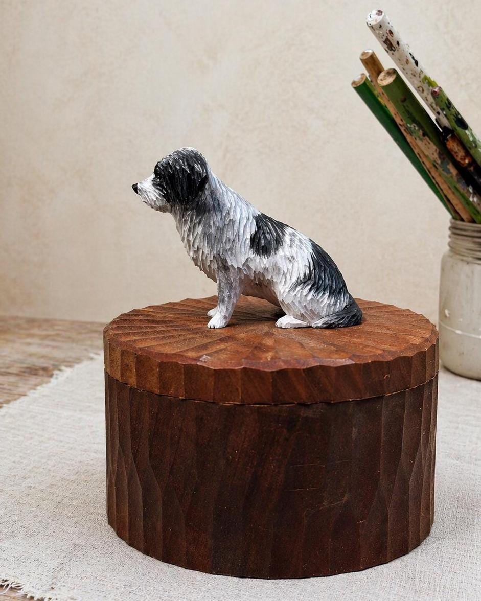 Bespoke Small Wooden Dog Urn, Handmade Carved Box with Personalised Dog Figurine From Photo, Eco Friendly Keepsake Gift