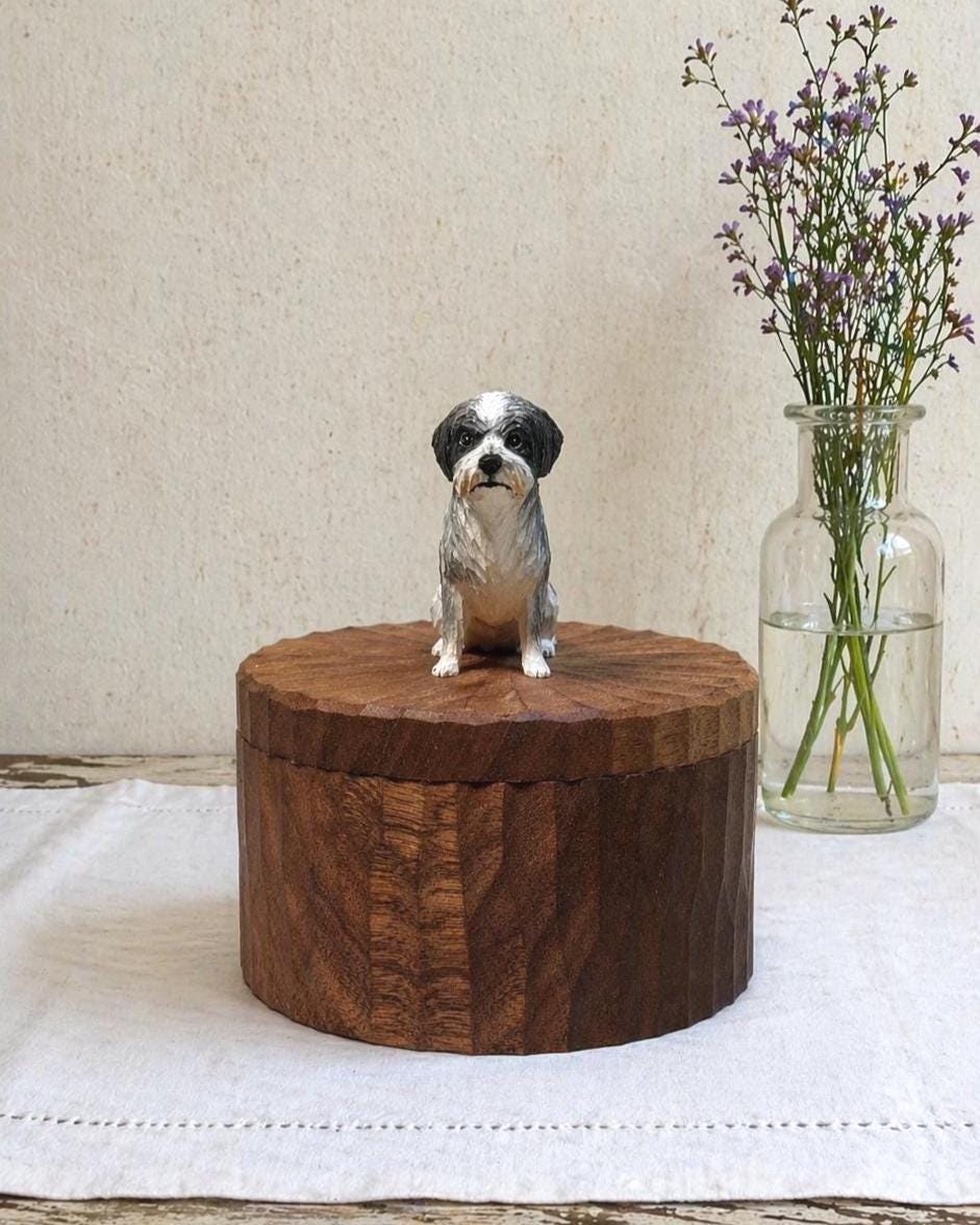 Bespoke Small Wooden Dog Urn, Handmade Carved Box with Personalised Dog Figurine From Photo, Eco Friendly Keepsake Gift