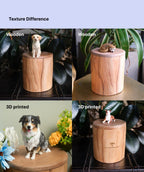 Large Wooden Dog Urn with Hand Carved Pet Figurine from Photo, Natural Wood Bucket, Pet Memorial Urn for Ashes with Personalised Engraving