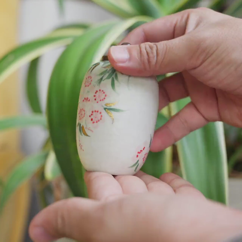 Small Handmade Ceramic Peach Blossom Urn with Wooden Lid | Oriental Pet Ashes Keepsake Jar | Pet Memorial Gift | Floral Decorative Tea Jar