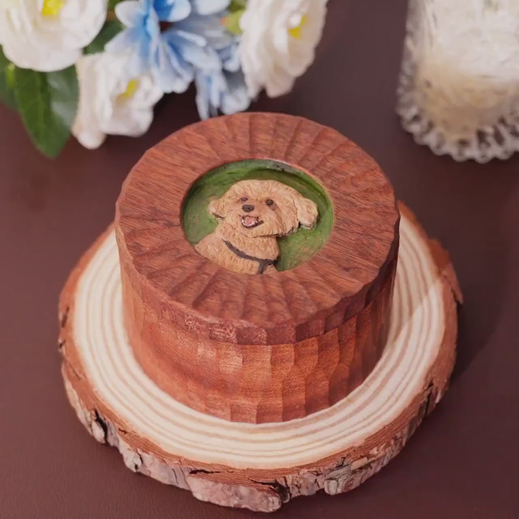 Custom Wooden Pet Memorial Urn with Hand Carved Portrait on Lid | Personalised Dog Cat Keepsake from Photo | Pet Loss Gift | Handmade Box