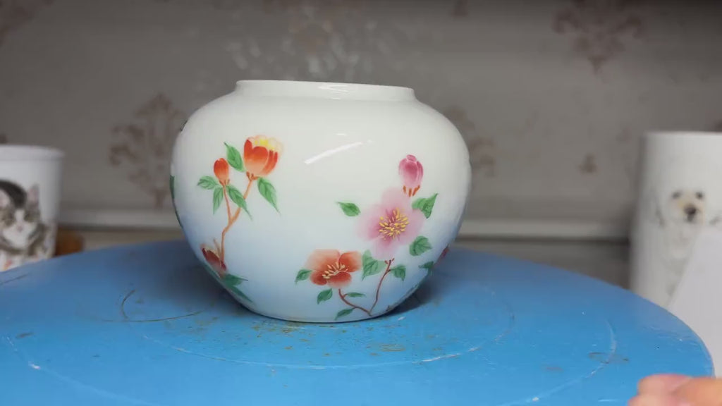 Small Hand-Painted Floral Ceramic Pet Urn | Oriental Ashes Keepsake Jar | Pet Memorial Gift | Tea Jar｜Pet Cremation Container for Small Pets