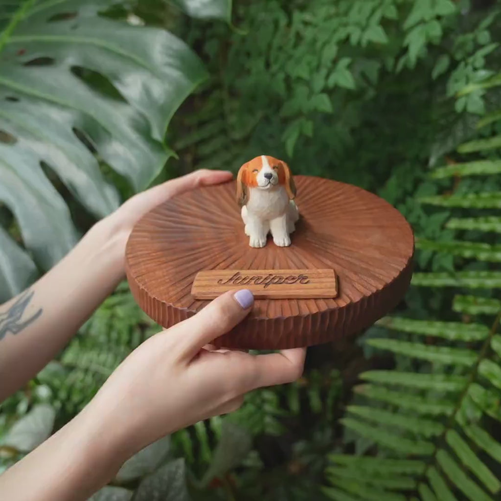 Custom Wooden Dog Urn with Cute Cartoon Dog Figurine from Photo, Handmade Pet Memorial Box, Personalised Engraved Name Keepsake