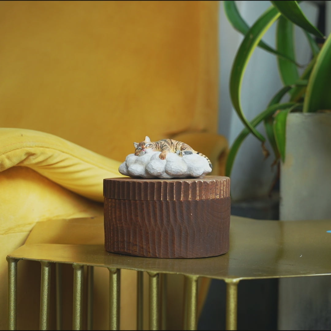 Custom Resting Cat Memorial Urn from Photo, Handmade Wooden Cat Ashes Box, Sleeping Cat on Cloud Pet Keepsake