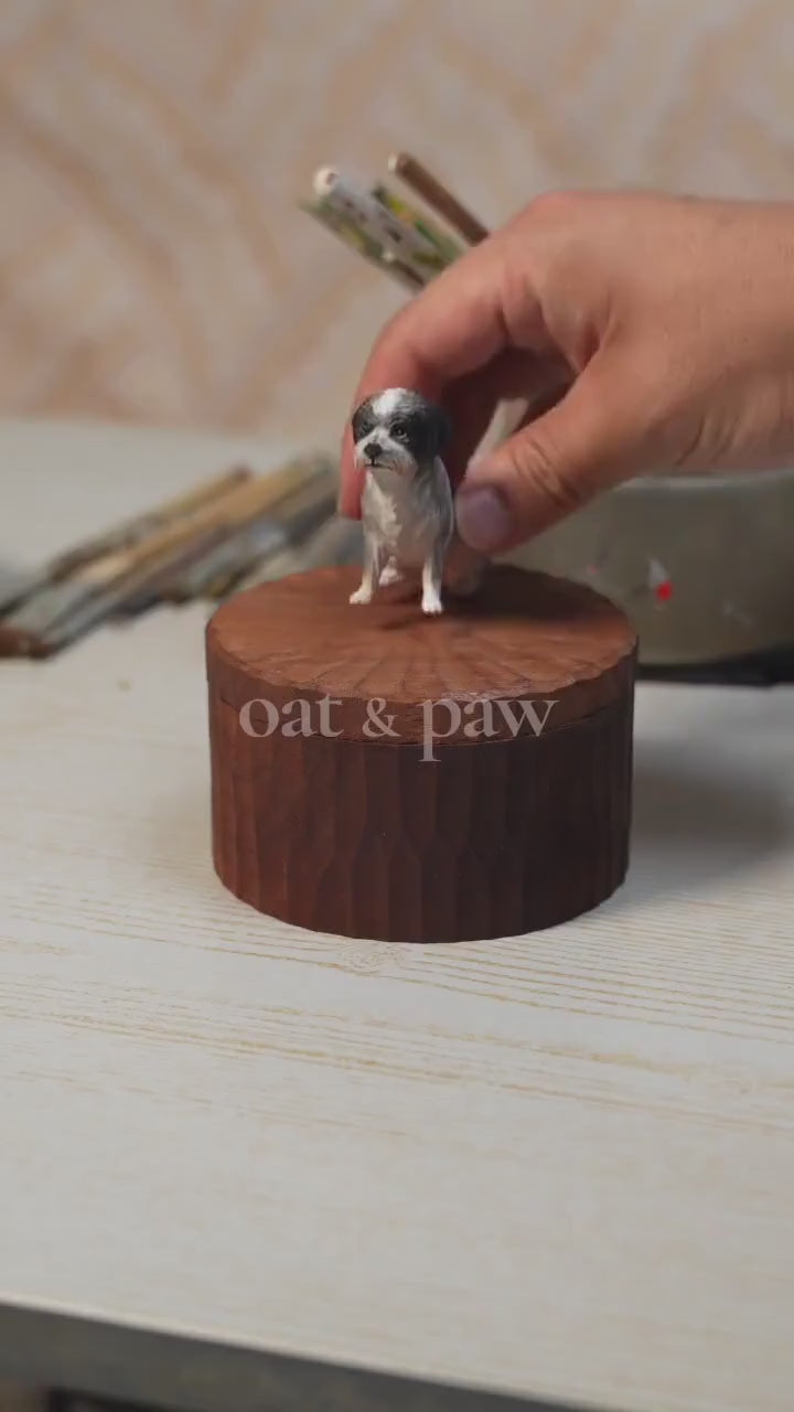 Bespoke Small Wooden Dog Urn, Handmade Carved Box with Personalised Dog Figurine From Photo, Eco Friendly Keepsake Gift