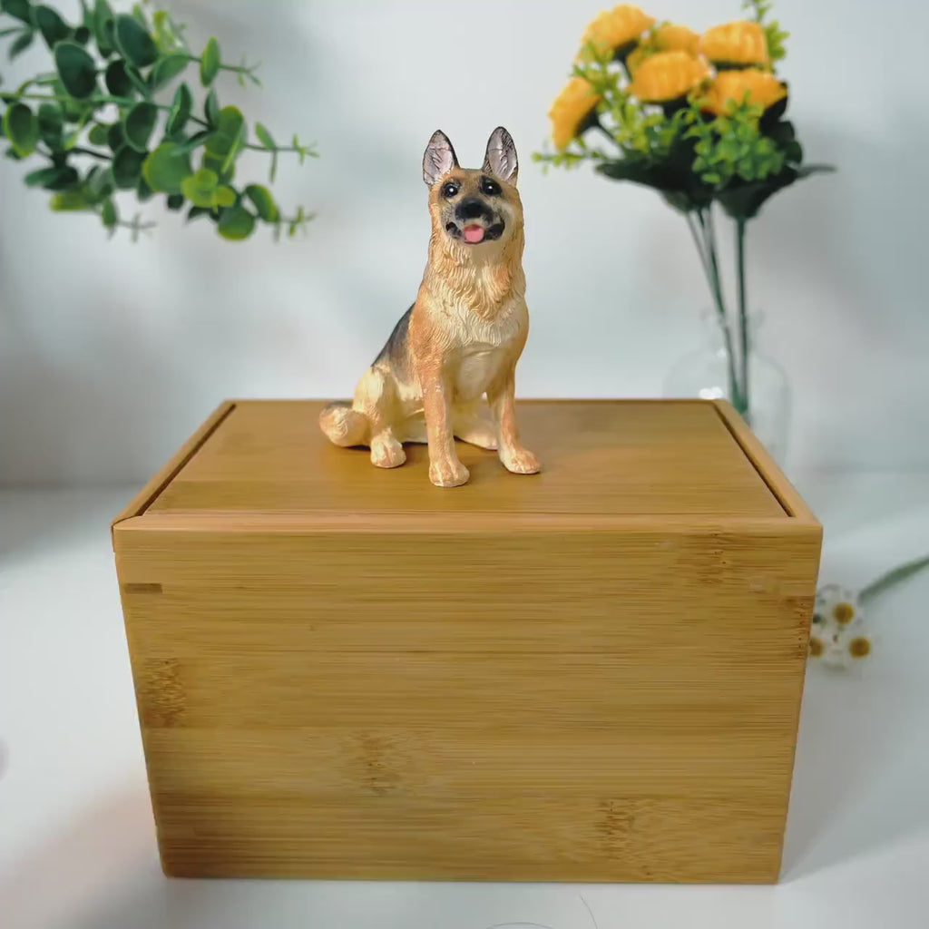 Custom Dog Polymer Clay Sculpture from Photo with Large Bamboo Wooden Urn Box, Handmade Eco Friendly Pet Memorial Keepsake Gift