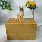 Custom Dog Polymer Clay Sculpture from Photo with Large Bamboo Wooden Urn Box, Handmade Eco Friendly Pet Memorial Keepsake Gift