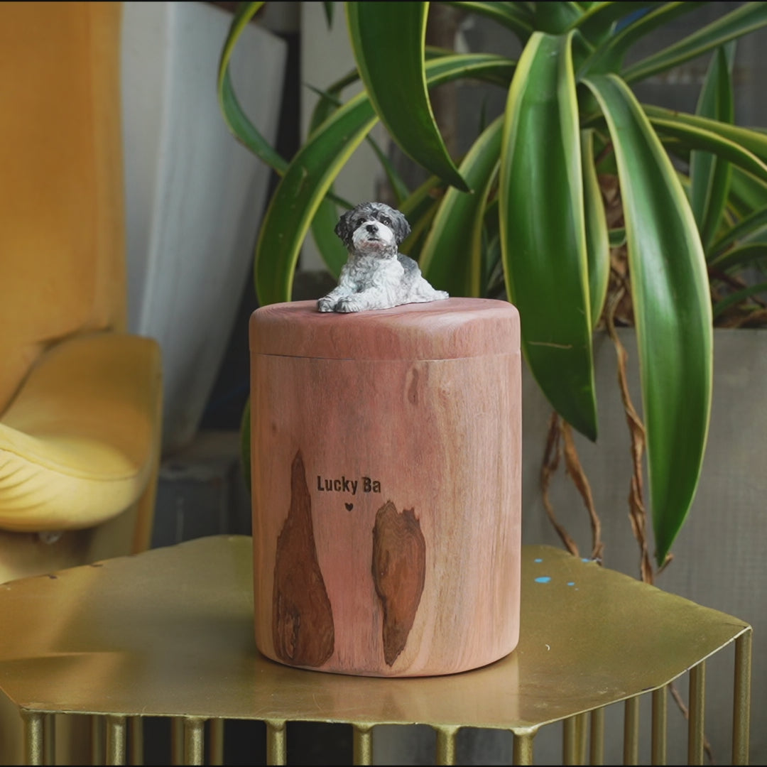 Natural Wood Dog Urn for Ashes with Realistic Hand-Carved Lying Dog Figurine from Photo, Personalised Name Engraving, Pet Memorial Gift