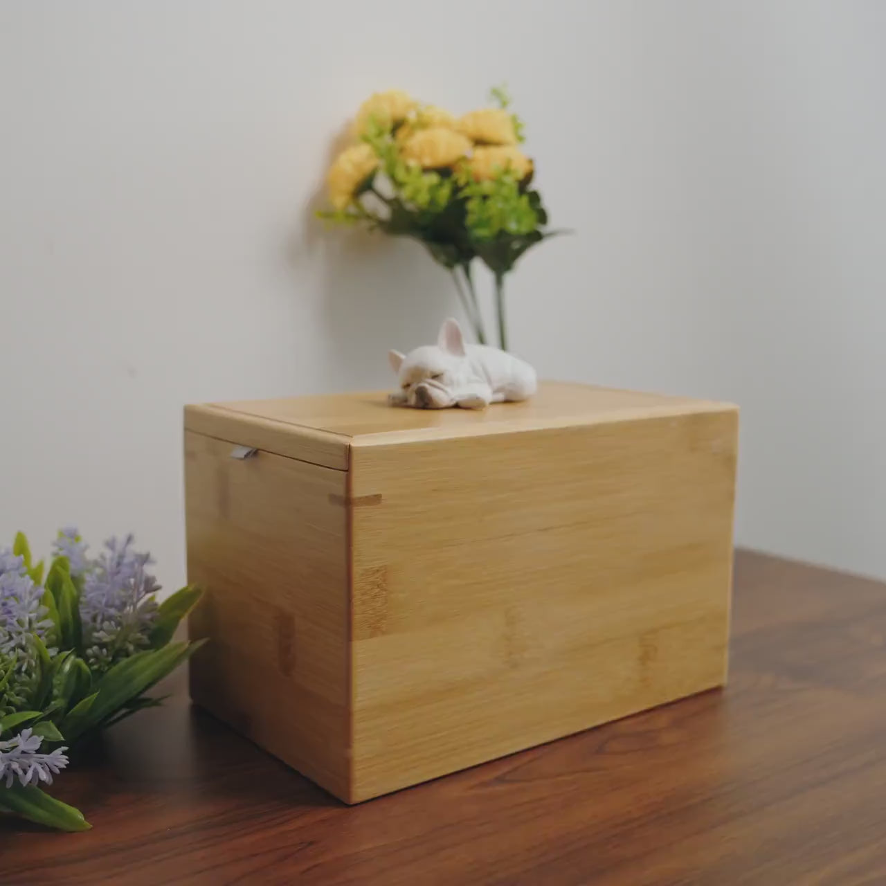 Handmade Dog Bamboo Wooden Urn Box, with Pe Polymer Clay Sculpture from Photo, Personalised Eco Friendly Pet Memorial Keepsake Gift